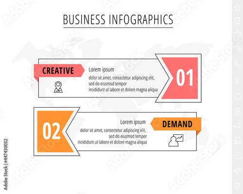 Vector 2 step line infographic with icons and labels. Modern timeline concept for chart, levels, web, diagram, banner, presentations, business, diagram, flowchart
