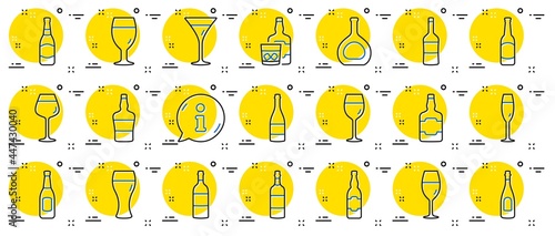 Wine bottle line icons. Set of Craft beer, Whiskey and Wine glass icons. Champagne bottle, Alcohol drink and Scotch with ice. Wineglass, Beer glass and Restaurant goblet signs. Beverage drink. Vector