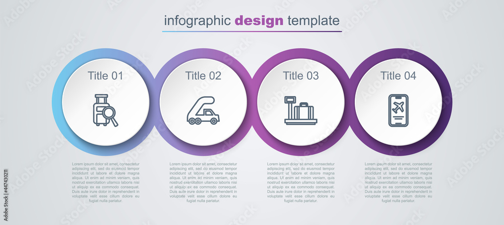 Set line Lost baggage, Passenger ladder for plane boarding, Scale with suitcase and Mobile ticket. Business infographic template. Vector Set line Lost baggage, Passenger ladder for plane boarding, Scale with suitcase and Mobile ticket. Business infographic template. Vector