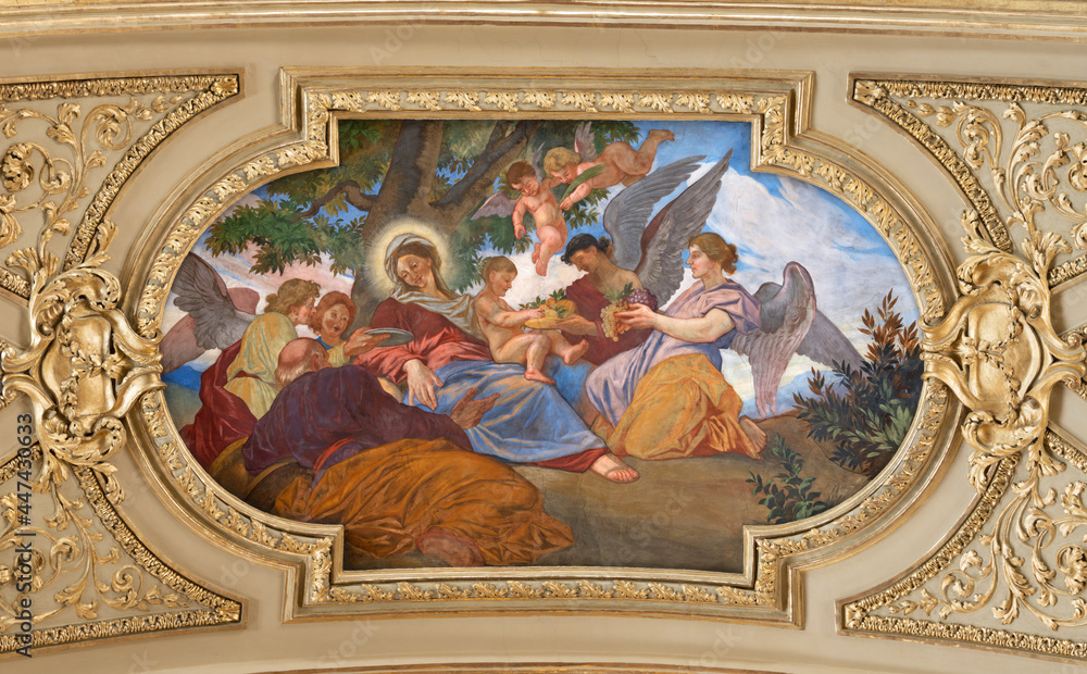 VIENNA, AUSTIRA - JULI 5, 2021: The idilic fresco of Holy Fmili in Jesuitenkirche - Jesuits church by jesuit Andrea Pozzo from begin of 18. cent.