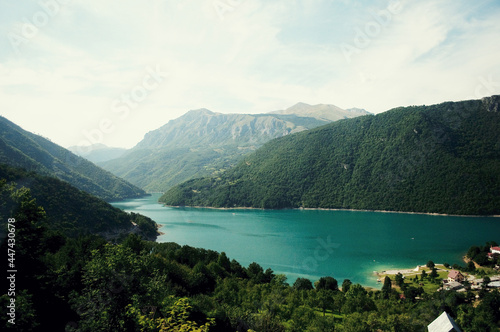MONTENEGRO  Scenic landscape view of the fjord with mountains and blue water 