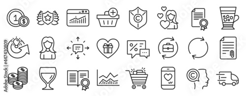 Set of line icons, such as Copyright protection, Share idea, Diploma icons. Romantic gift, Certificate, Writer signs. Full rotation, Sms, Website statistics. Love chat, Coins, Woman. Love. Vector