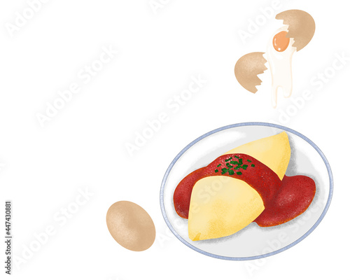 Omurice, Japanese omelette and rice topped with tomato sauce. Isolated Omurice and eggs. Close up asian food vector illustration. Fried rice with fried scrambled eggs. Authentic anime food.
