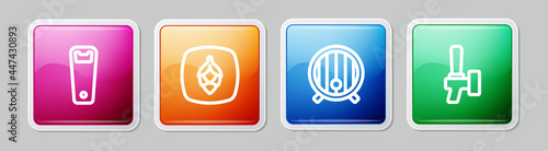 Set line Bottle opener, Hop, Wooden barrel and Beer tap. Colorful square button. Vector