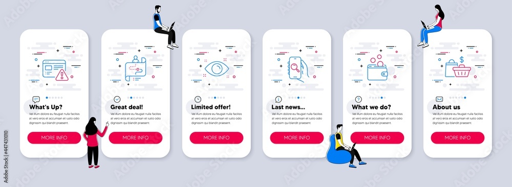 Vector Set of Business icons related to Journey path, Health eye and Search app icons. UI phone app screens with teamwork. Wallet money, Internet warning and Sale bags line symbols. Vector