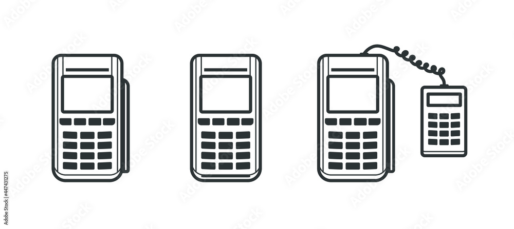 NFC wireless technology linear icon set. POS to pay with a credit card and smartphone. Terminal with Pin pad. Isolated vector illustrations on white background, 10EPS NFC wireless technology linear icon set. POS to pay with a credit card and smartphone. Terminal with Pin pad. Isolated vector illustrations on white background, 10EPS