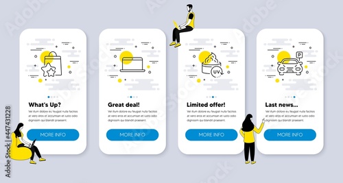 Vector Set of Business icons related to Laptop, Uv protection and Loyalty points icons. UI phone app screens with people. Parking line symbols. Mobile computer, Skin cream, Bonus bags. Vector
