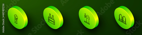 Set Isometric line Glass of beer, Pack bottles, Dispenser and Beer brewing process icon. Vector