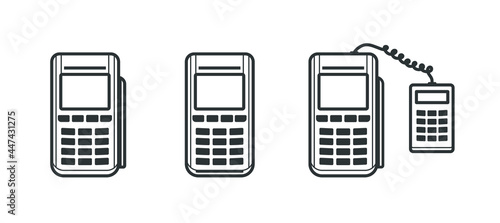 NFC wireless technology linear icon set. POS to pay with a credit card and smartphone. Terminal with Pin pad. Isolated vector illustrations on white background, 10EPS