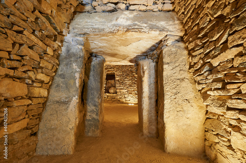 interior of the Dolmen del Romeral (tholos El Romeral) megalithic monument, declared a World Heritage Site by UNESCO in Antequera, Malaga. Spain