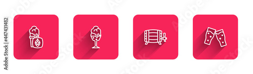Set line Glass of beer, , Wooden barrel and with long shadow. Red square button. Vector