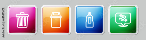 Set line Trash can, , Dishwashing liquid bottle and Home cleaning service. Colorful square button. Vector