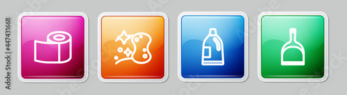 Set line Toilet paper roll, Sponge, Bottle for cleaning agent and Dustpan. Colorful square button. Vector