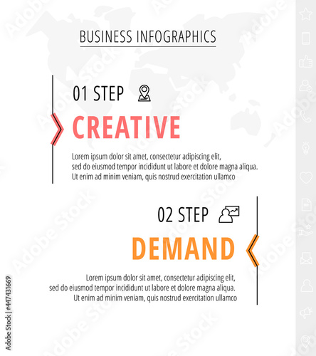 Line vector minimal infographic with arrows. Modern timeline business concept with 2 steps by step for diagram, chart, flowchart, levels, graphic, app, web