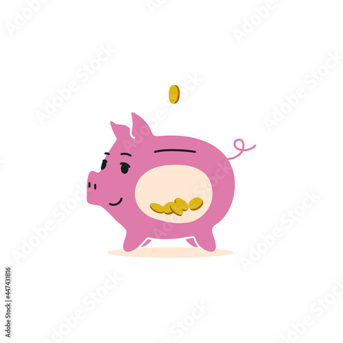 Cute pink piggy bank with coins inside. The concept of saving money. Isolated flat vector illustration on white background