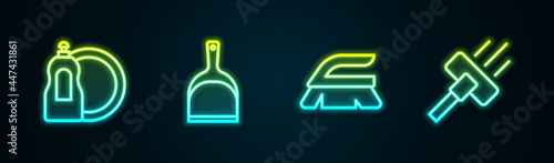 Set line Dishwashing liquid bottle, Dustpan, Brush for cleaning and Vacuum cleaner. Glowing neon icon. Vector