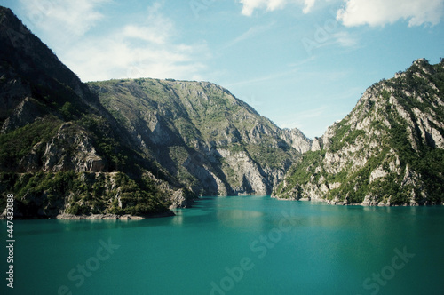 MONTENEGRO: Scenic landscape view of the fjord with mountains and blue water 