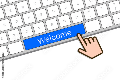 Cursor hand on Welcome computer Keyboard button. Flat vector illustration