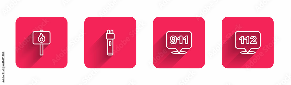 Fototapeta premium Set line Protest, Police electric shocker, Telephone call 911 and 112 with long shadow. Red square button. Vector