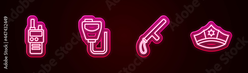 Set line Walkie talkie, , Police rubber baton and cap with cockade. Glowing neon icon. Vector