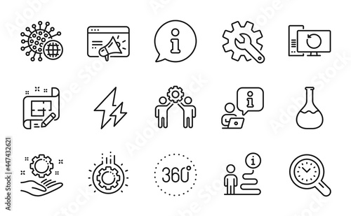 Science icons set. Included icon as 360 degrees, Seo marketing, Employees teamwork signs. Coronavirus, Electricity, Employee hand symbols. Time management, Customisation, Architect plan. Vector