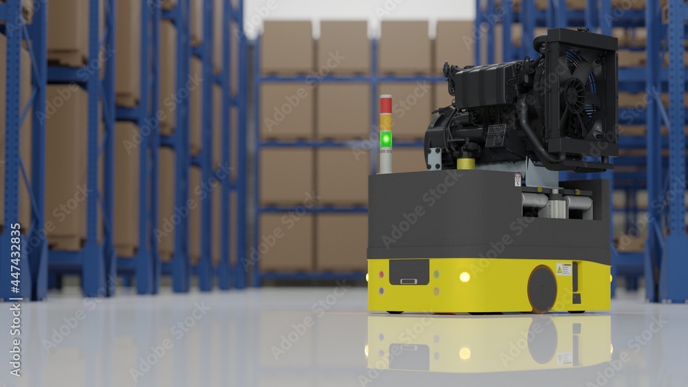 Factory 4.0 concept: The AGV (Automated guided vehicle) is carrying engine in smart factory. 3D illustration Factory 4.0 concept: The AGV (Automated guided vehicle) is carrying engine in smart factory. 3D illustration