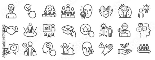 Set of People icons  such as Loyalty star  Group people  Helping hand icons. Hold box  Business podium  Use gloves signs. Messages  Checkbox  Repairman. Select user  Handshake  Teamwork. Vector