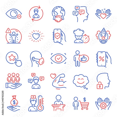 People icons set. Included icon as Discounts app, Global business, Messages signs. Human resources, Biometric eye, Best buyers symbols. Like, Buyer, Strong arm. Medical mask, Unlock system. Vector