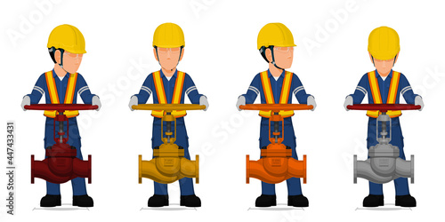 set of worker is operating globe valve on white background