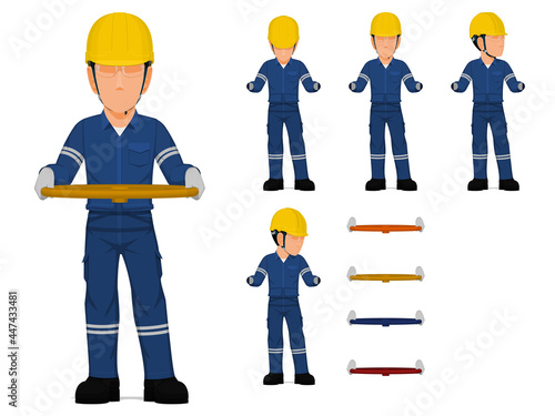 set of worker is holding hand wheel on white background
