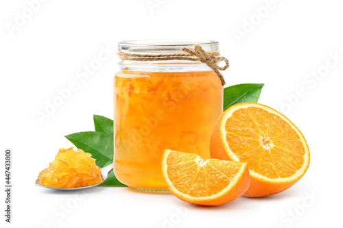 Obraz na plátně Orange marmalade with fresh orange fruit isolated on white background