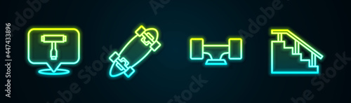 Set line Skateboard T tool, Longboard or skateboard, wheel and stairs with rail. Glowing neon icon. Vector