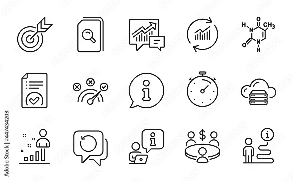Education icons set. Included icon as Timer, Recovery data, Cloud server signs. Stats, Update data, Approved document symbols. Correct answer, Accounting, Search files. Meeting, Target. Vector