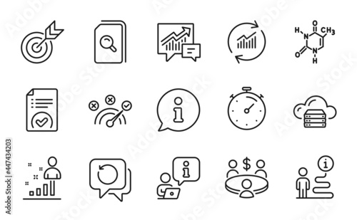 Education icons set. Included icon as Timer, Recovery data, Cloud server signs. Stats, Update data, Approved document symbols. Correct answer, Accounting, Search files. Meeting, Target. Vector