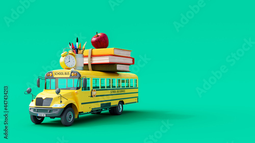 School bus arriving with school accessories and books on green background 3D Rendering, 3D Illustration