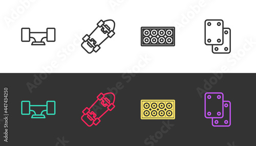 Set line Skateboard wheel, , and Knee pads on black and white. Vector