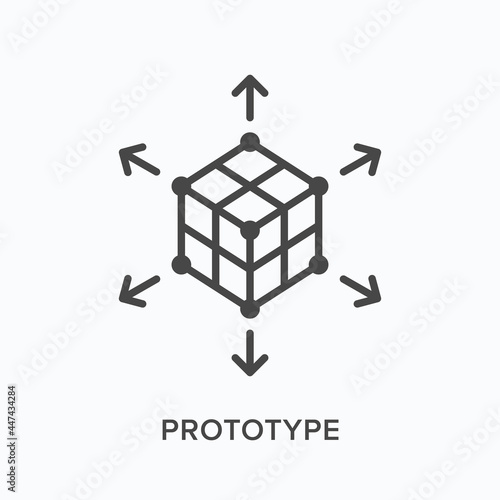 Prototype flat line icon. Vector outline illustration of 3d cube. Black thin linear pictogram for innovation development