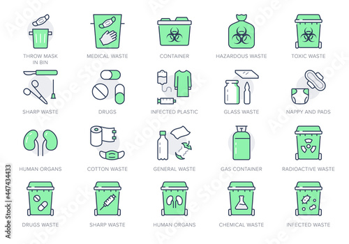 Medical waste devices line icons. Vector illustration include icon - glove, mask, biomedical, toxic, chemical, syringe outline pictogram for hazard trash. Green Color, Editable Stroke