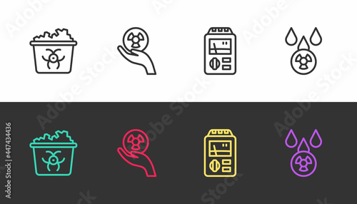 Set line Infectious waste, Radioactive, Dosimeter and Acid rain and radioactive cloud on black and white. Vector