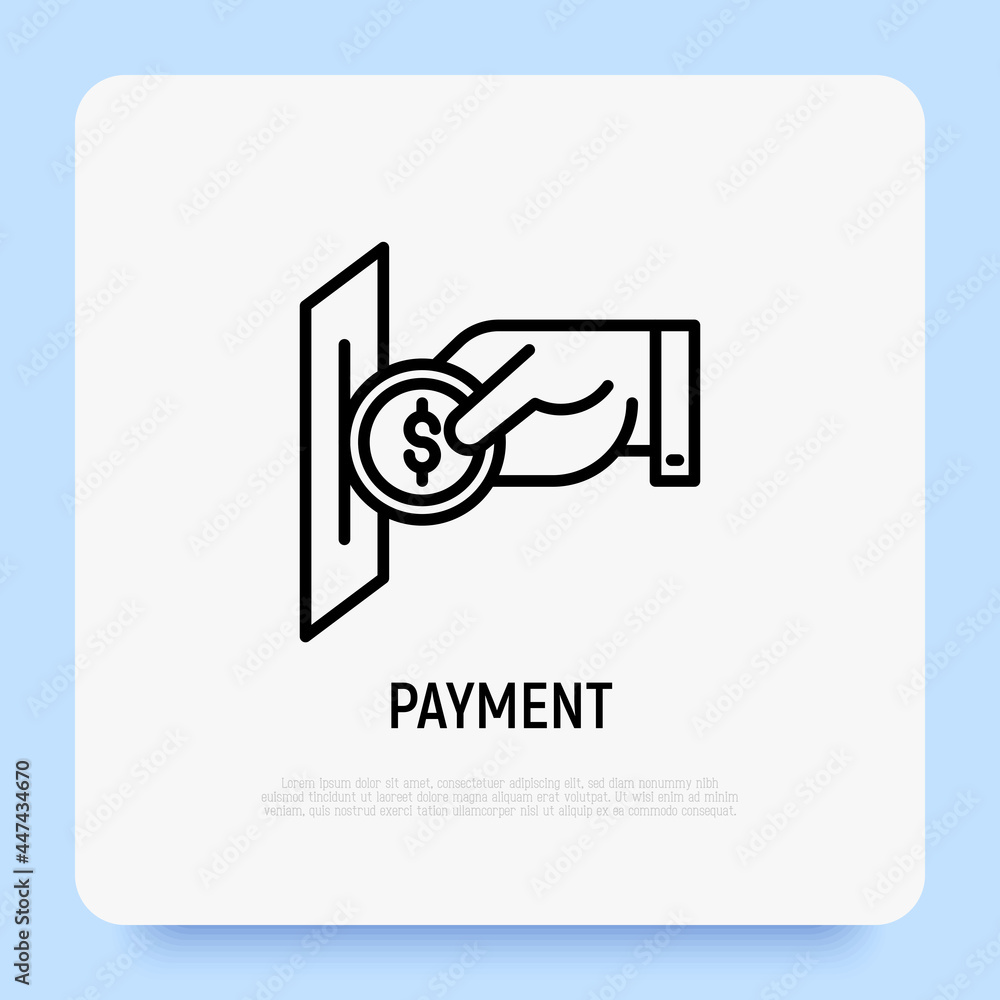 Hand inserting coin in payment slot. Payment for laundry, gaming, purchase. Thin line icon. Modern vector illustration. Hand inserting coin in payment slot. Payment for laundry, gaming, purchase. Thin line icon. Modern vector illustration.