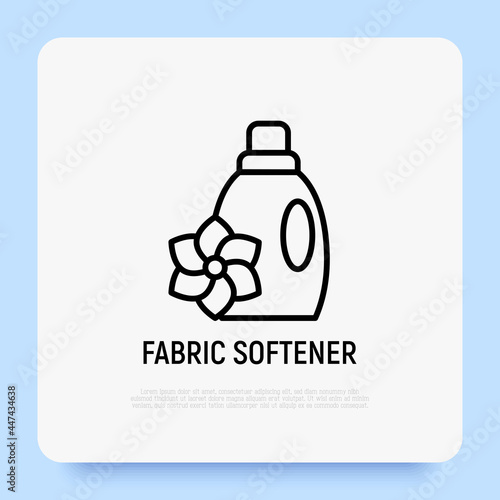 Bottle of fabric softener, cleaner, detergent thin line icon. Plastic bottle with flower. Modern vector illustration.