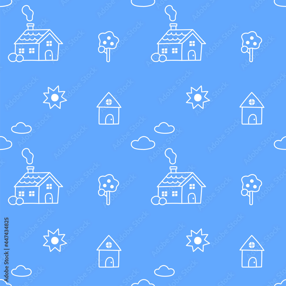 White Outline Flat Cute Doodle Minimal House  Vector Pattern Design Blue Background Editable Stroke. Cartoon Illustration Cloth, Picnic Mat, Fabric pattern, Textile, Tile, Scarf, Wrapping Paper.