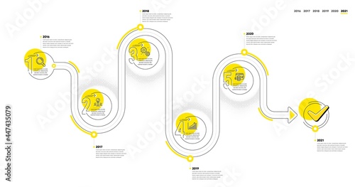 Business Infographic timeline with 5 steps. Journey path workflow infographics. Workflow process diagram with Research, Working idea, Data Analysis and Money reward line icons. Vector