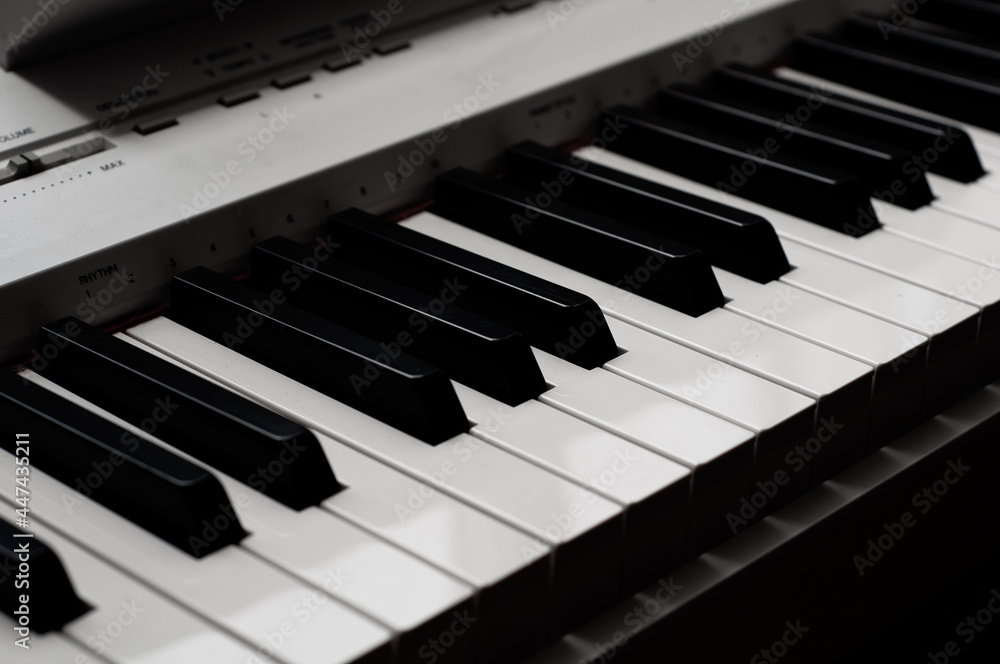 Black and white piano keys close up, frontal view, classical musical instrument. Black and white piano keys close up, frontal view, classical musical instrument.