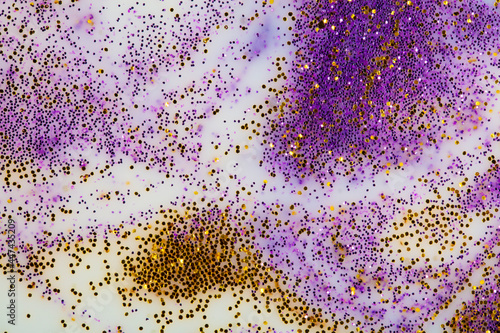 Festive or glamorous background. Gold and purple sparkles scattered on a white background. © Светлана Лазаренко