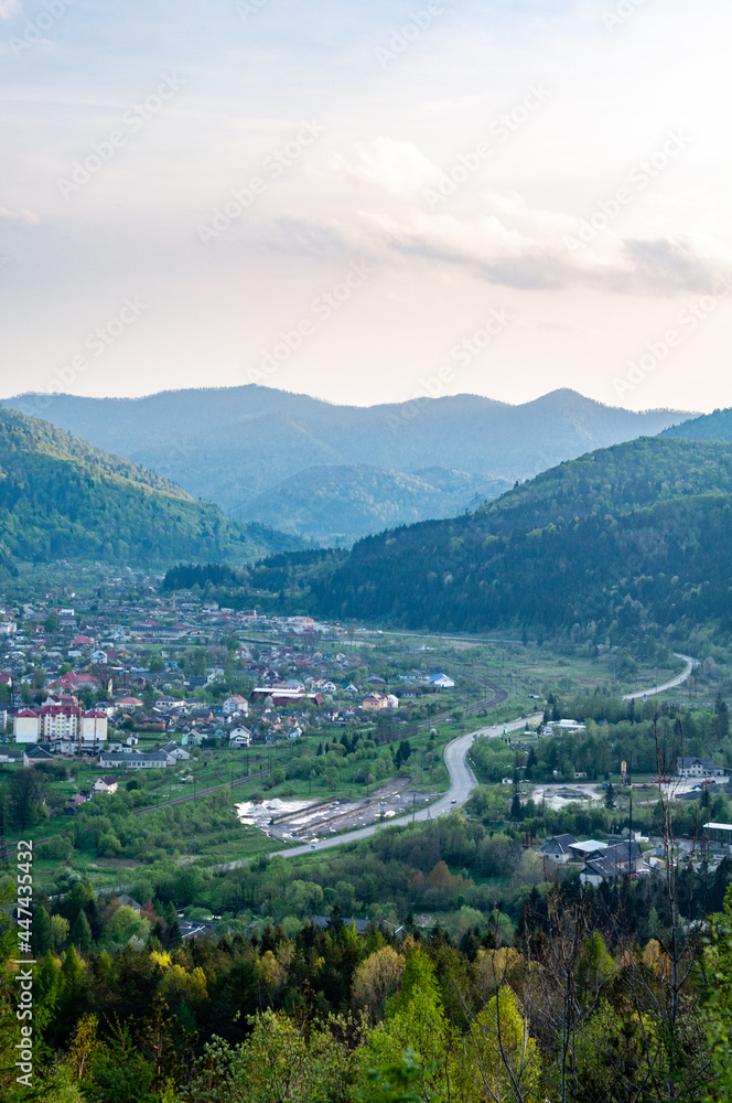 Skole town among Carpathian mountains, Ukraine, view from mountain, autumn season, nature outdoors Skole town among Carpathian mountains, Ukraine, view from mountain, autumn season, nature outdoors