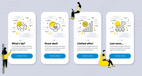 Set of Business icons, such as 5g wifi, Star, Euler diagram icons. UI phone app screens with people. Leadership line symbols. Wireless signal, Customer feedback, Relationships chart. Vector
