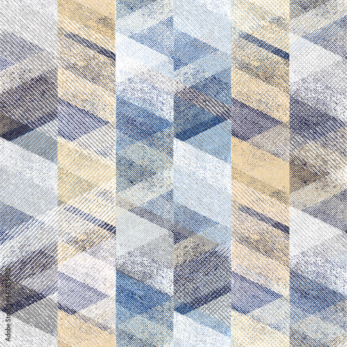 Seamless textured zigzag pattern.Blue, beige ornament on a gray background. photo