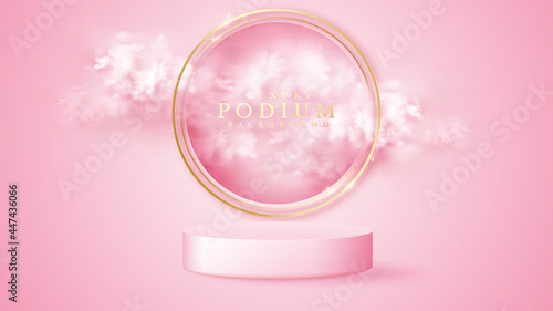 Pink podium with golden circle and cloud element on back scene, Realistic luxury background concept, Empty space for placing text and products for promotion. 3d vector illustration.