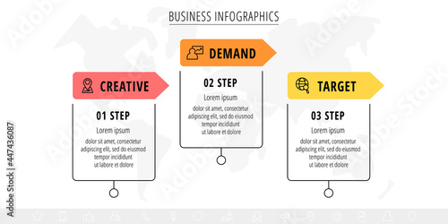Vector infographic square label, template design. Business concept, Infograph with arrows 3 options, step. Line infographics element for layout process diagram, parts, chart, graphic, web